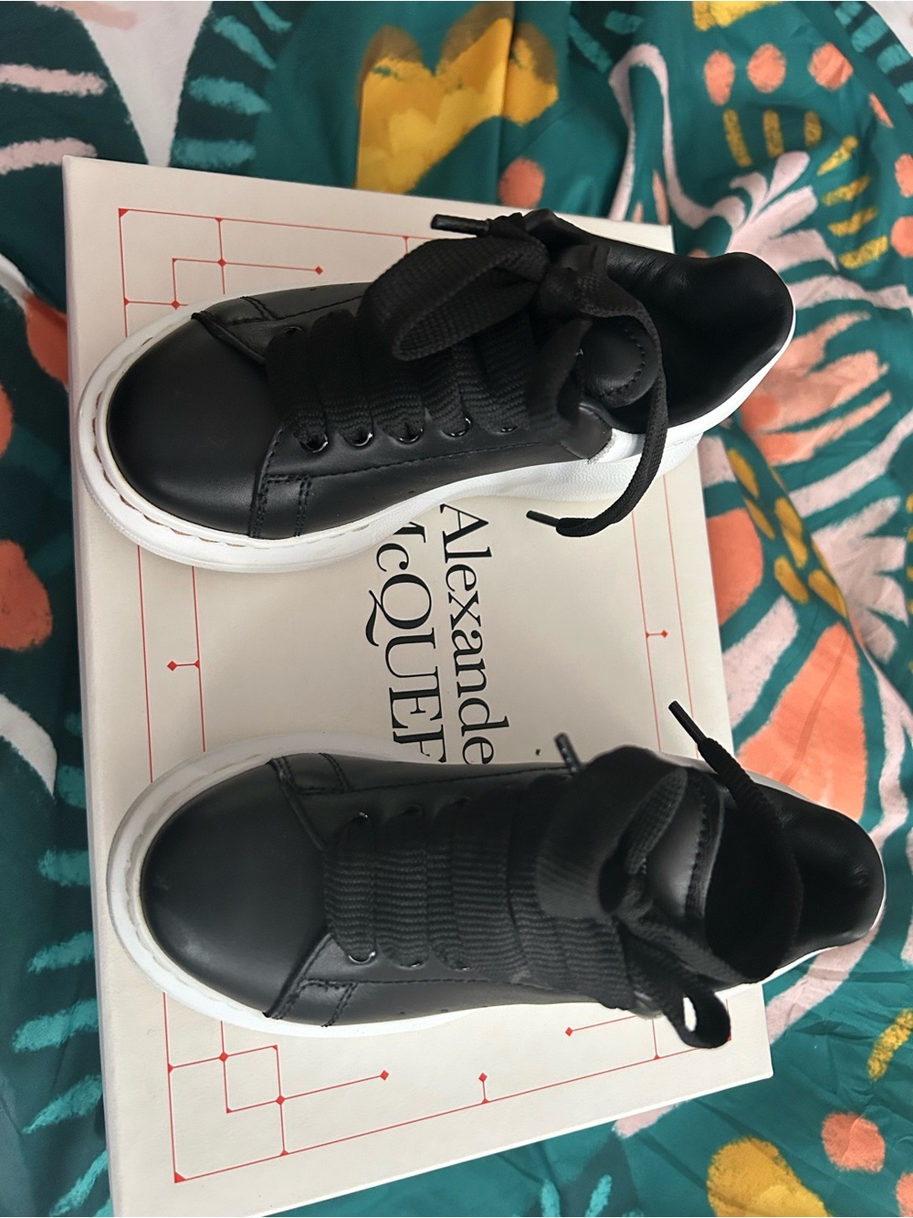 Alexander McQueen Black Leather Kids Sneakers with White Sole